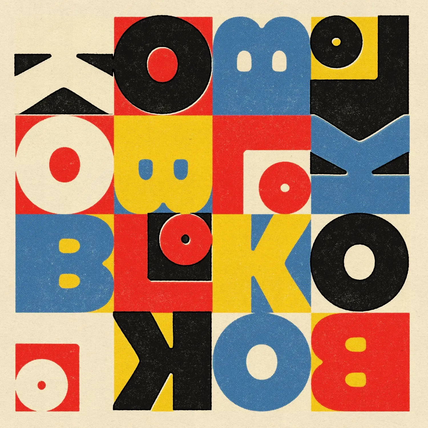 Bloko lettering printed in black, red, blue and yellow on cream paper